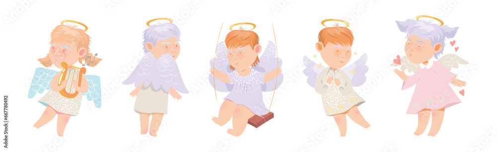 Cute Baby Angel Character with Wing and Nimbus Vector Set Cute Baby Angel Character with Wing and Nimbus Vector Set