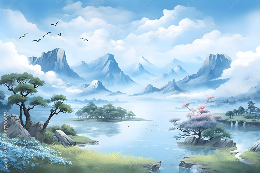 Fantasy of a mountain lake and a lake in the foreground. Picture painting of a mountain lake with a mountain range in the background. 