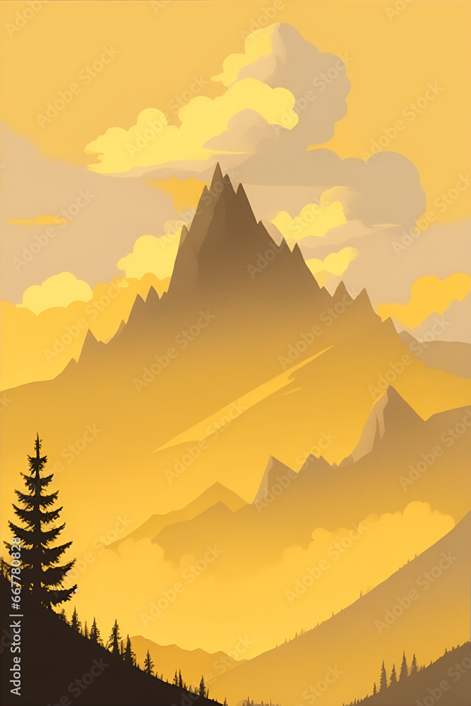 Misty mountains at sunset in yellow tone, vertical composition