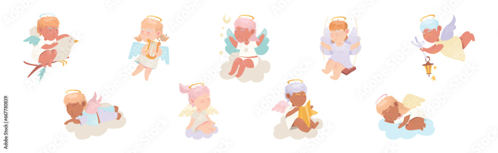 Cute Baby Angel Character with Wing and Nimbus Vector Set Cute Baby Angel Character with Wing and Nimbus Vector Set
