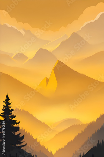 Misty mountains at sunset in yellow tone, vertical composition © Thanh