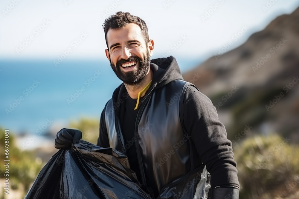 volunteer person cleaning beach from trash or garbage