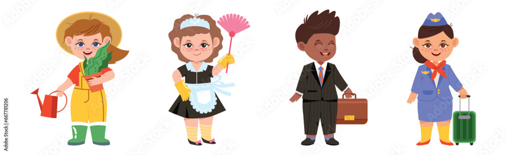 Kids in Professional Uniform for Different Job Vector Set Kids in Professional Uniform for Different Job Vector Set
