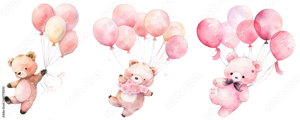 Pink cute teddy bear floating in the air with balloons. Baby girl ...
