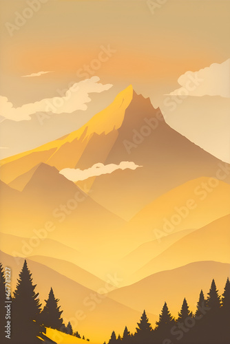 Misty mountains at sunset in yellow tone  vertical composition