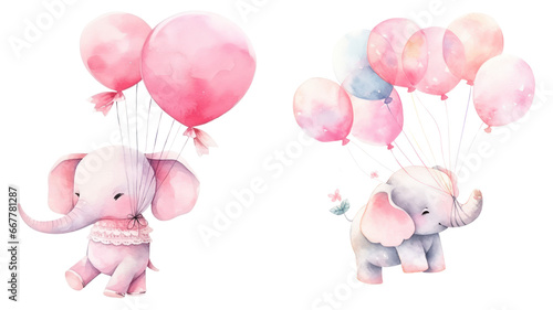 Print op canvas Pink cute little elephant floating in the air with balloons