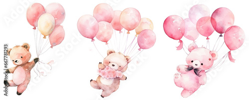 Pink cute teddy bear floating in the air with balloons. Baby girl Newborn or baptism invitation. children's book illustration style on transparent background