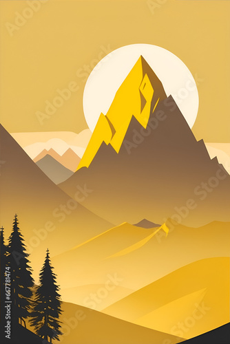Misty mountains at sunset in yellow tone  vertical composition