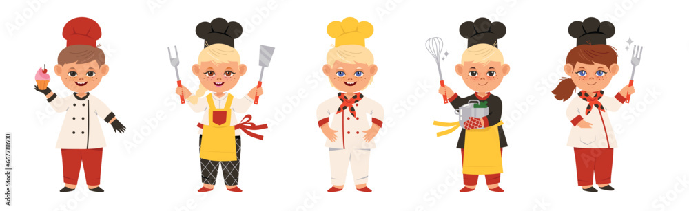 Little Children Chef Character in Toque and Uniform Cooking Meal Vector Set Little Children Chef Character in Toque and Uniform Cooking Meal Vector Set