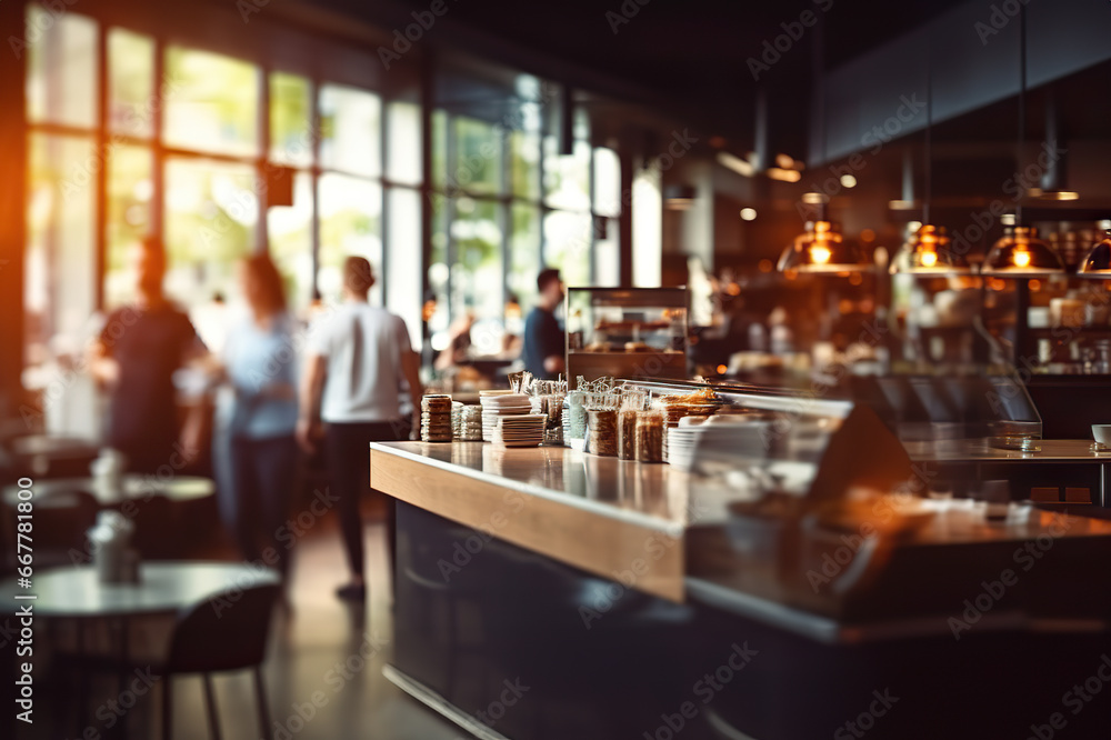 Bustling Cafe Ambiance: Blurred Coffee Shop with Chefs, Waiters, and Patrons in Action. created with Generative AI