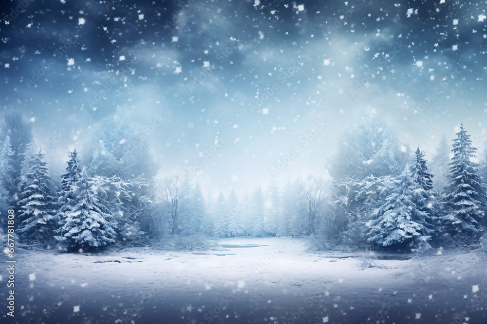 Frozen winter landscape in snowy forest with night sky and snowflakes. Christmas background with copy space. Generative Ai