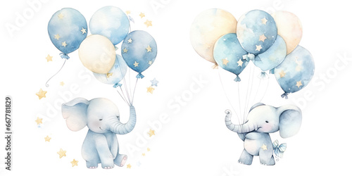 Foto Light blue cute little elephant floating in the air with balloons
