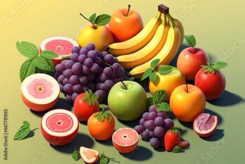 A playful isometric view of fruits, adding depth to their appeal