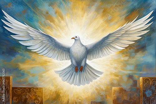 Generative AI illustration of white dove of peace flying