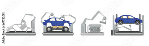 Car Production and Assembly Line Process with Industrial Robotic Arm and Equipment Vector Set