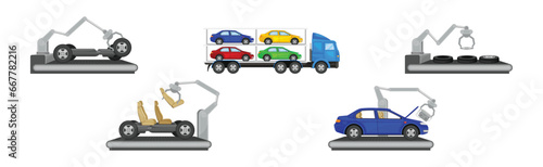 Car Production and Assembly Line Process with Industrial Robotic Arm and Equipment Vector Set