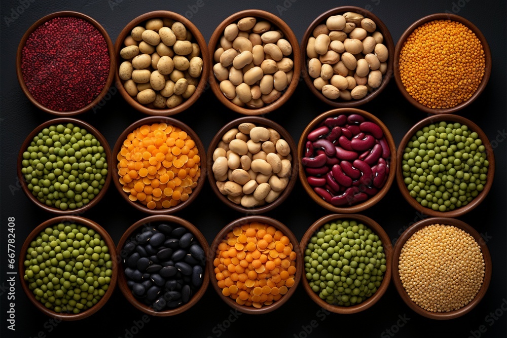 A varied assembly of legumes, including lentils, chickpeas, and beans