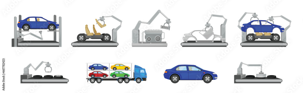 Naklejka premium Car Production and Assembly Line Process with Industrial Robotic Arm and Equipment Vector Set
