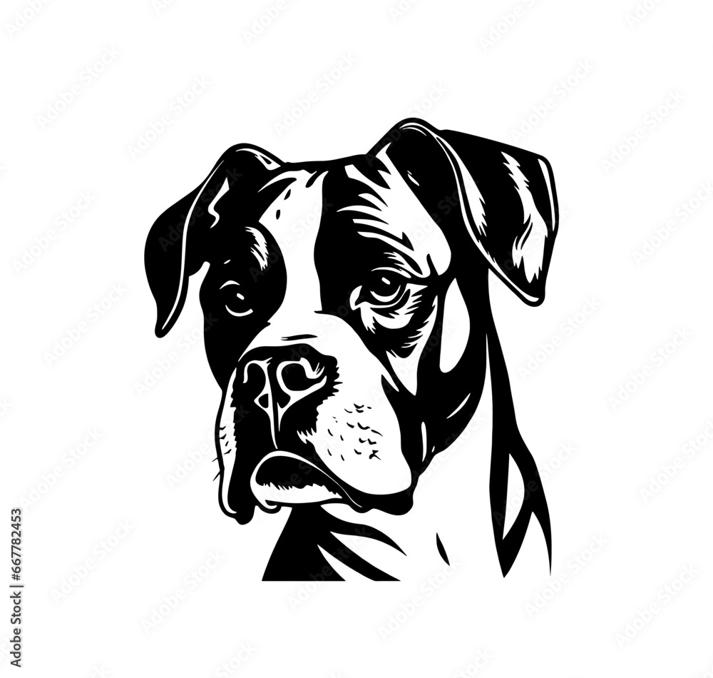 Vector isolated one single sitting Boxer dog head front view black and white bw two colors silhouette. Template for laser engraving or stencil, print for t shirt	