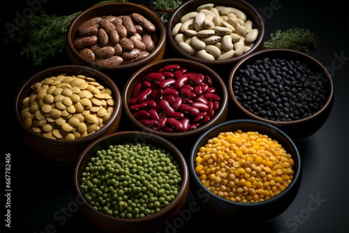 A variety of beans in separate bowls on a black surface