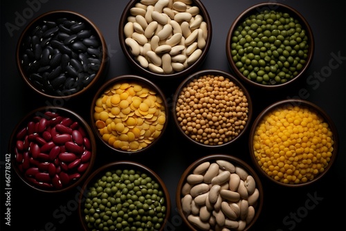 A variety of beans in separate bowls on a black surface photo