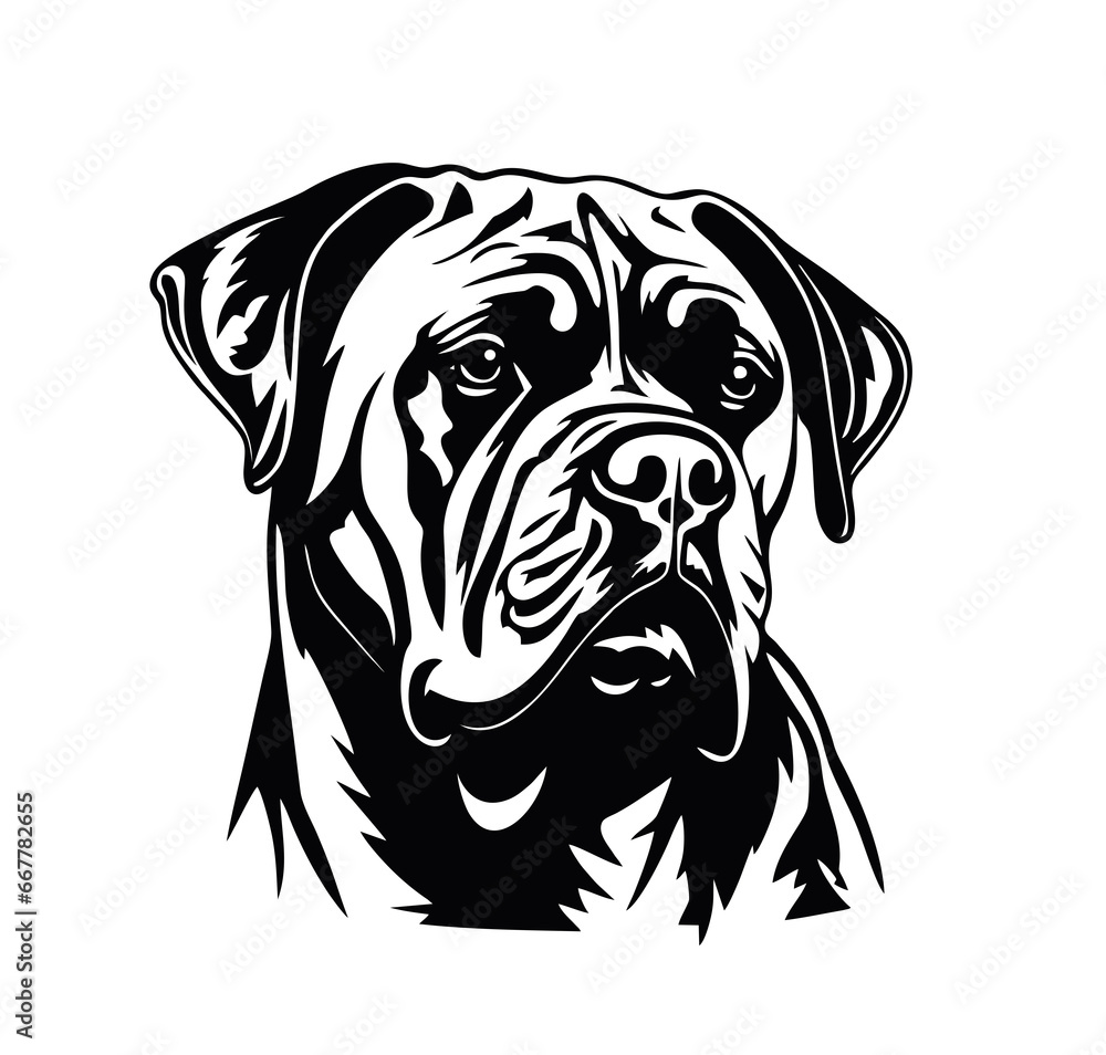 Cane Corso or Bullmastiff dog black and white portrait on a transparent background. PNG Cane Corso or Bullmastiff dog black and white portrait on a transparent background. PNG