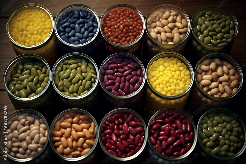 An array of canned beans, showcasing a diverse selection of flavors An array of canned beans, showcasing a diverse selection of flavors