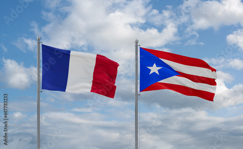 Puerto Rico and France flags, country relationship concept