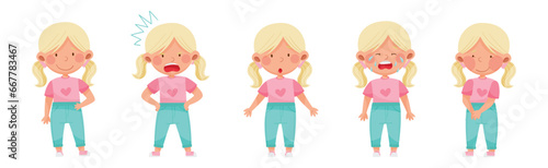 Little Blonde Girl Character with Facial Expression Vector Set