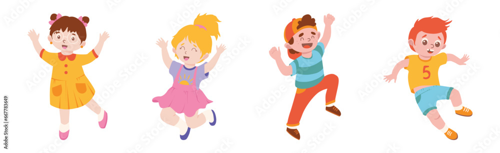 Happy Kids Jumping with Hands Raising Up Cheering and Rejoicing Vector Set Happy Kids Jumping with Hands Raising Up Cheering and Rejoicing Vector Set