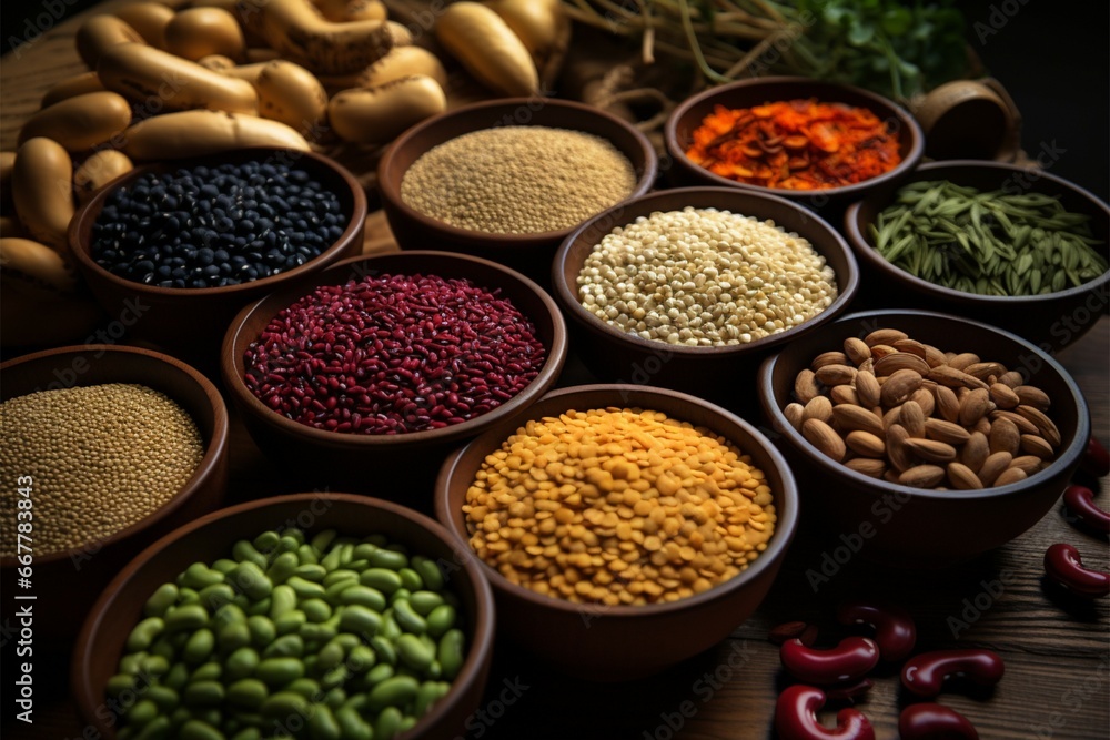 Assorted beans and seeds displayed on a charming wooden tabletop