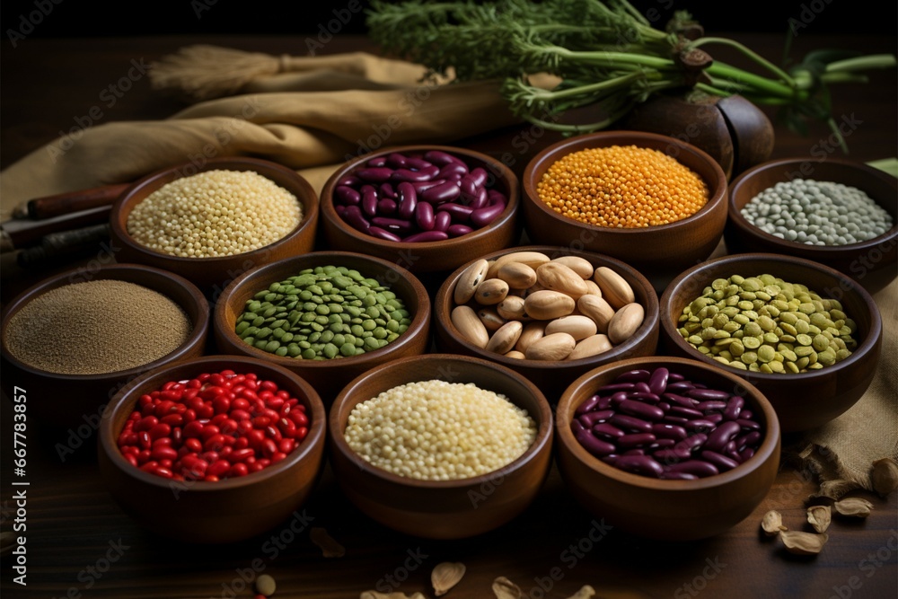 Assorted beans and seeds displayed on a charming wooden tabletop Assorted beans and seeds displayed on a charming wooden tabletop