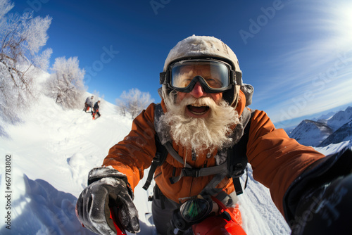 Active sport elderly healthy lifestyle concept. Selfie portrait of senior active smiling man with beard snowboarding skiing in glasses look happy on top of mountains winter day time, happily retired photo