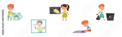 Funny Children Doing Cleanup and Domestic Chores Vector Set