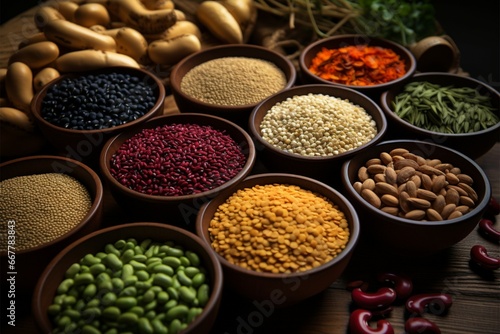 Assorted beans and seeds displayed on a charming wooden tabletop