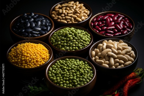 Assorted beans in individual bowls on a sleek black background