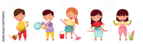 Funny Children Doing Cleanup and Domestic Chores Vector Set