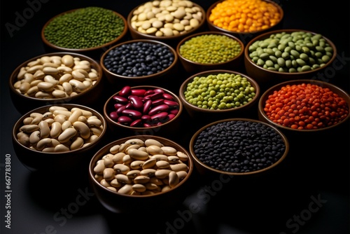 Assorted beans in separate bowls, set against a black backdrop photo