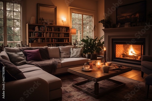 A cozy living area with a sofa  a coffee table  and a fireplace. Generative AI