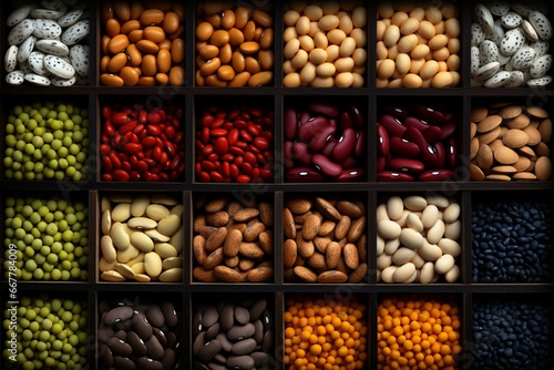 Assorted beans seen from above, neatly arranged in small wooden boxes