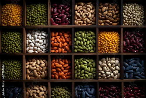 Assorted beans seen from above, neatly arranged in small wooden boxes