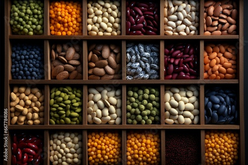 Assorted beans seen from above, neatly arranged in small wooden boxes