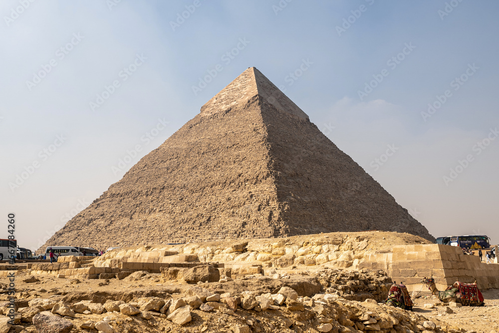 Giza Pyramids landscape during a sunny day, copy space, sand