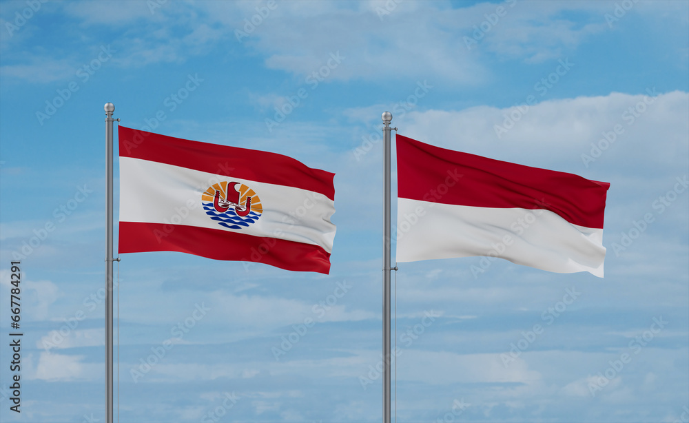 Indonesia and French Polynesia flags, country relationship concept Indonesia and French Polynesia flags, country relationship concept