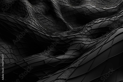 Abstract 3D rendering of a distorted black mesh on a gray background. Generative AI
