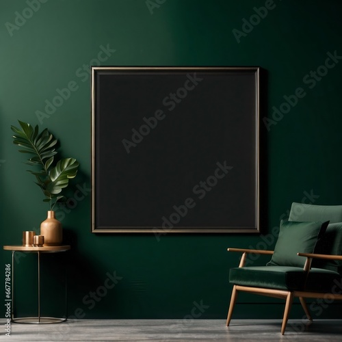 Mockup poster frame in minimalist interior background with dark green wall  Generative AI