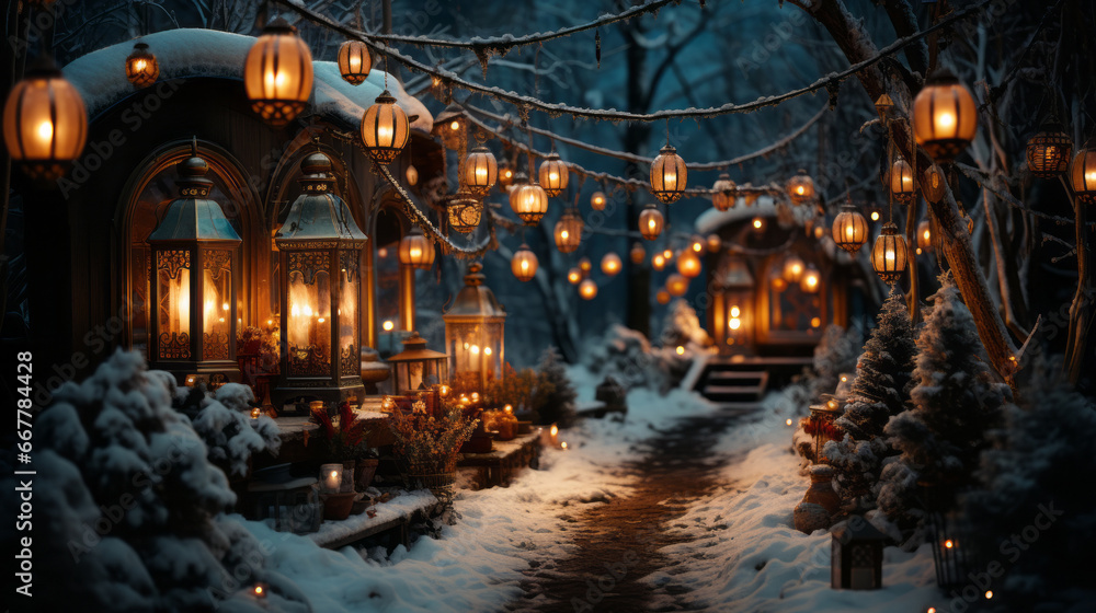 Beautiful wooden gazebos with warm light and around there are many old lanterns hanging on snow-covered trees in the winter forest. Christmas atmosphere, festive and cozy mood, New Year's card