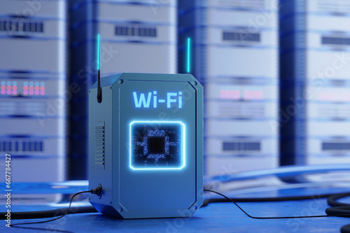 Switcher. Wi-Fi wireless network concept. A new wireless standard. Futuristic Wi-Fi router. Wireless Internet. Internet access via Wi-Fi. 3D render.