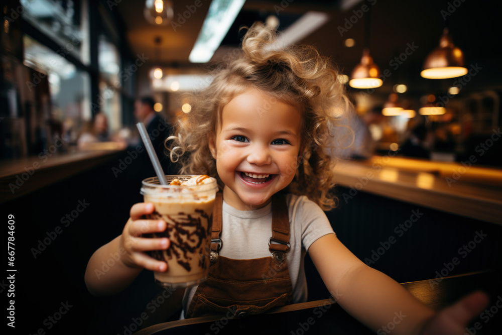 Little child spend time leisure in indoor restaurant bar. Happy smiling cheerful toddler kid girl takes selfie while she holds in hands smoothie drink milkshake with cream beverage with straw