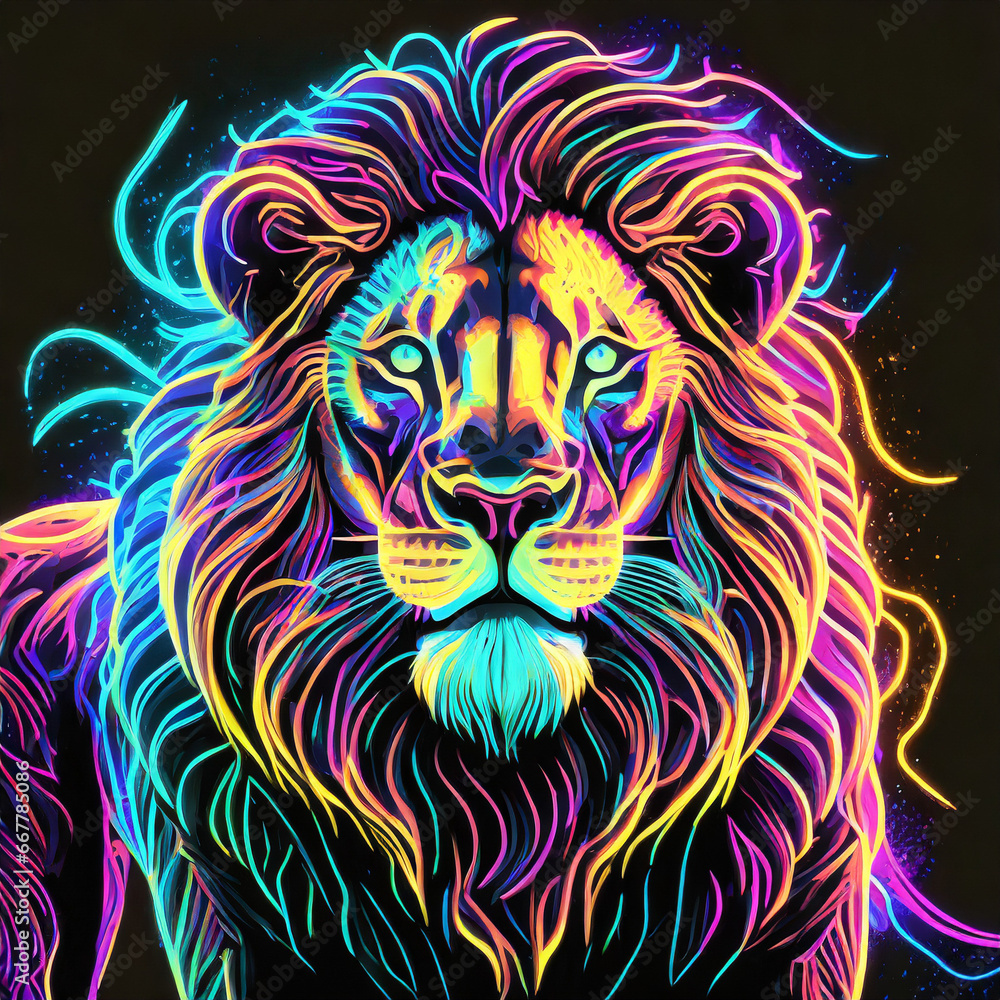 Portrait of a  Lion  in neon colour in front of a black background.